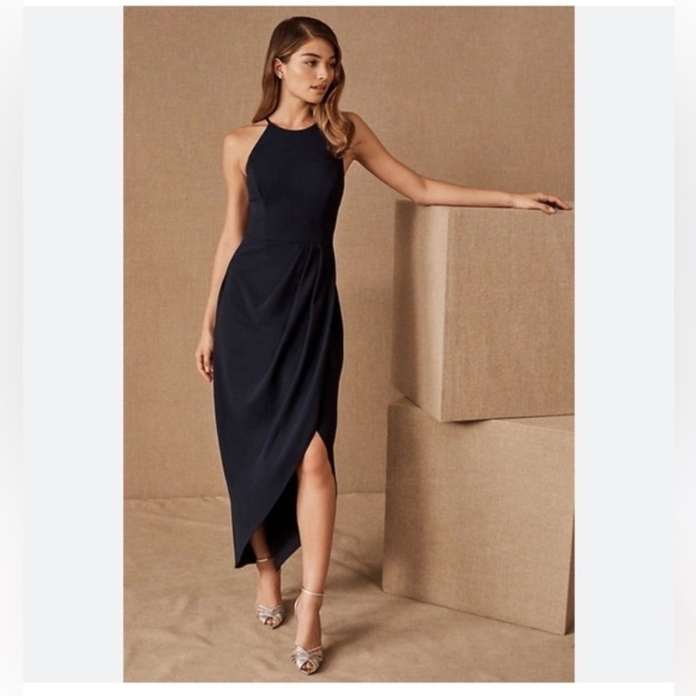 Anthropologie BHLDN Marceau navy dress size 12 faux wrap straps party cocktail